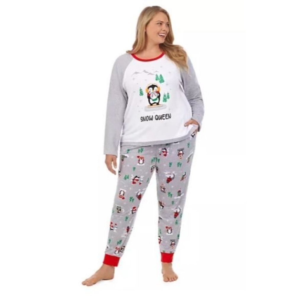 Cuddl Duds Womens Gray Penguin Long Sleeve Pockets Pajama Sets Plus Sz 3X New